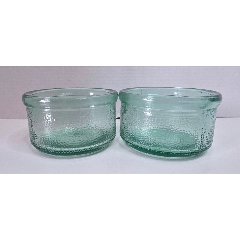 VTG Set of 2 Indiana Glass Green Textured 4" Prep Bowls Rolled Rim Seafoam Heavy